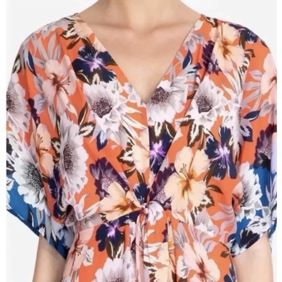 Johnny Was Jade Dress Large Deepika Tie Front Midi Floral Silky Orange Womens - Picture 5 of 16